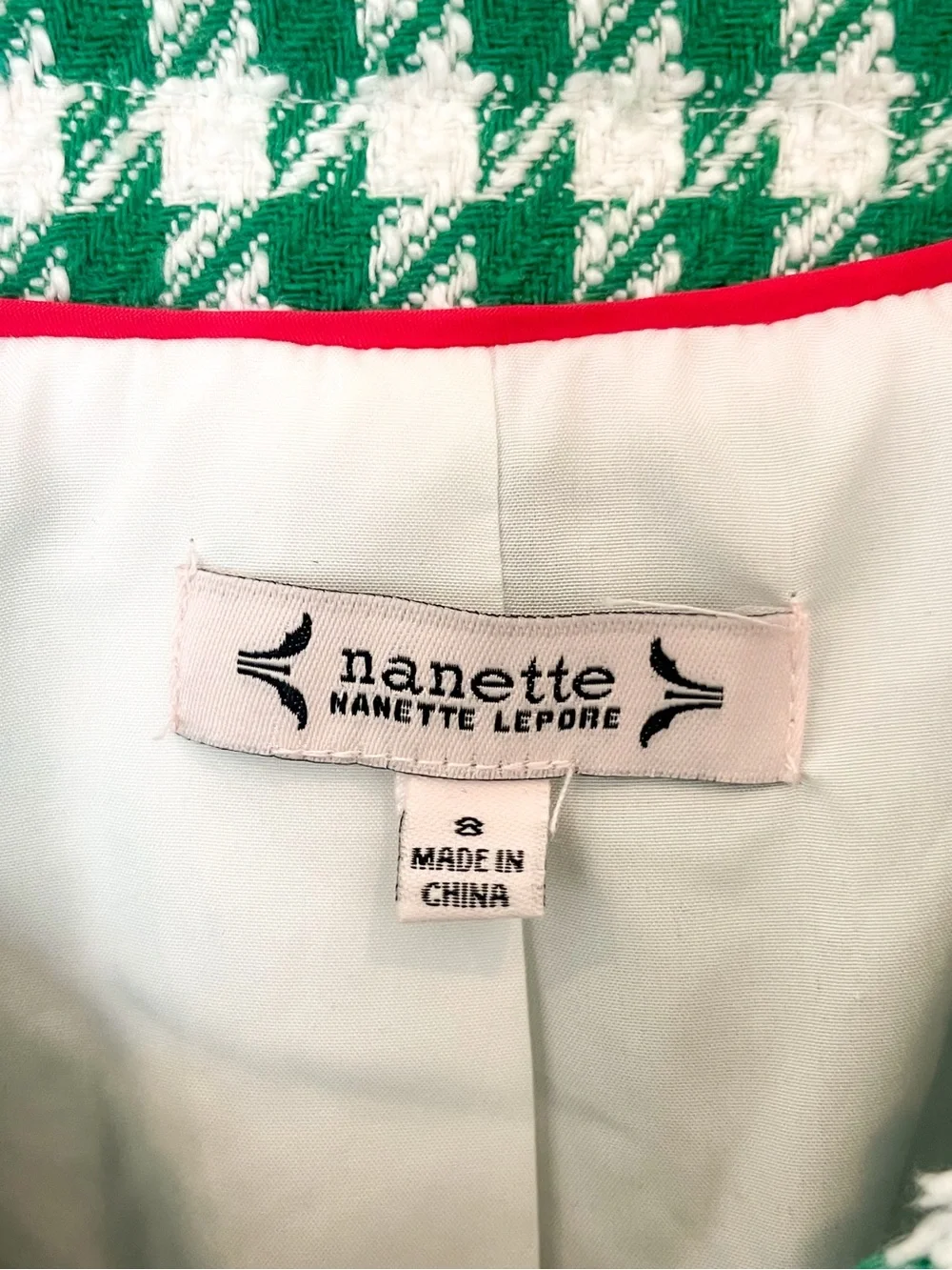 Nanette Lepore Green White Houndstooth Tweed Jacket Size 8 EUC — Chanel Style